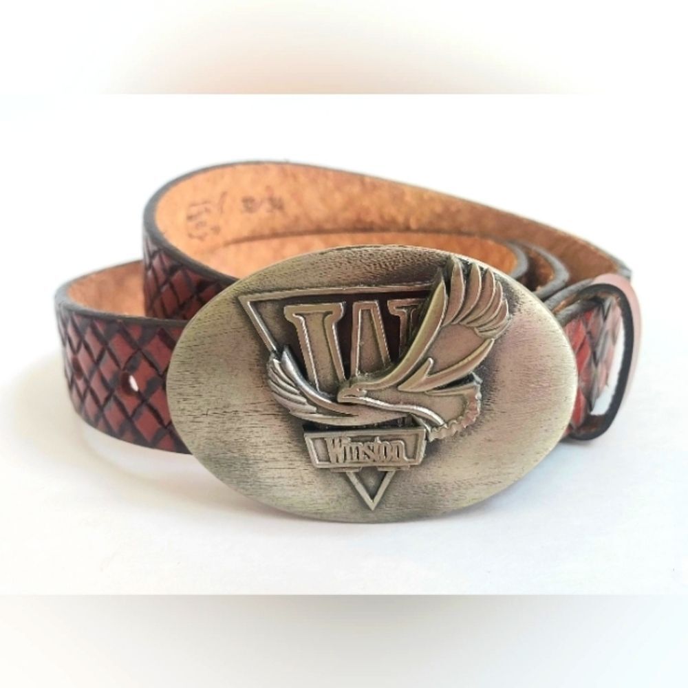 Vintage Winston Eagle Buckle W/Tooled Brown Bridle Leather Belt USA Size 32/34